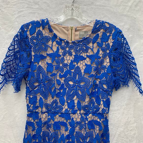 ASOS Womens Size 6 Blue Lace Overlay Short Sleeve Scoop Shift Dress Nude Lining - Picture 3 of 8